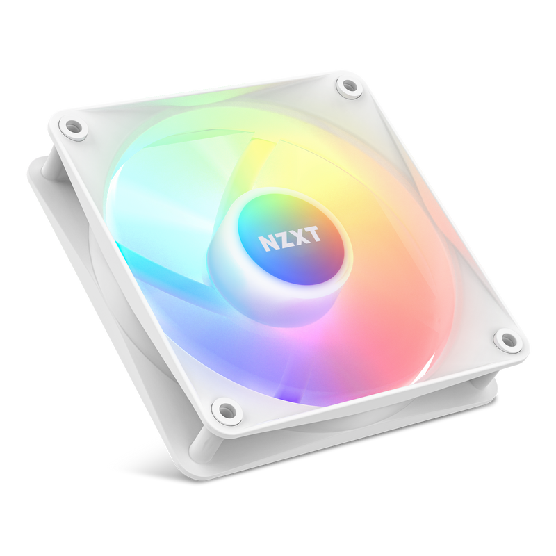 A white NZXT F120 RGB Core Fan with transparent blades delivers optimal static pressure and customizable RGB lighting, standing out vividly against a black background.