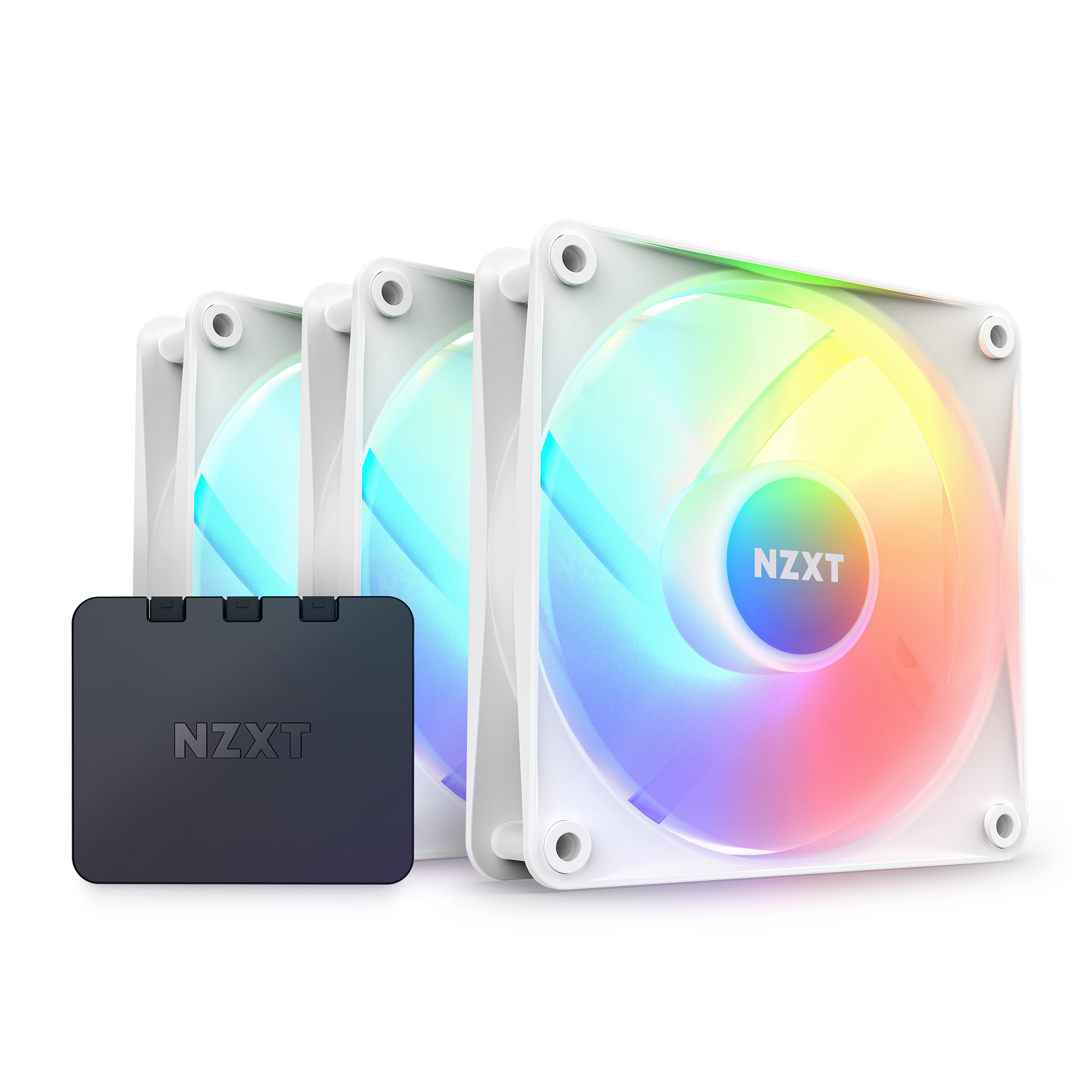 The NZXT F120 RGB Core Triple Pack features three white RGB fans with vivid lighting effects, arranged in a row. A black NZXT controller is in front. Set on a plain white background. Compatible with NZXT CAM software.