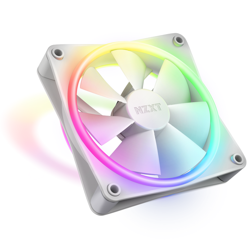 The NZXT F120 RGB Duo is a white computer cooling fan with RGB lighting along the frame, creating a colorful circular glow in red, yellow, green, and blue. It delivers high static pressure for efficient airflow in demanding setups.