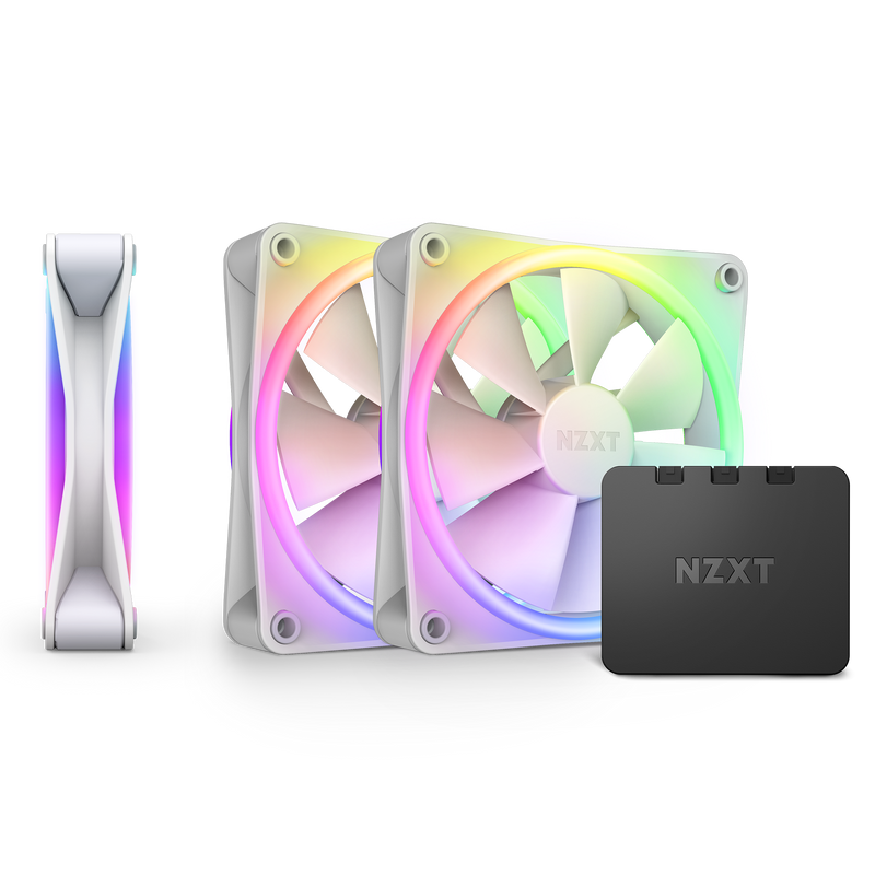 The NZXT F120 RGB Duo Triple Pack features two white RGB computer fans with vibrant multicolor lighting, a branded control unit compatible with NZXT CAM, and a high static pressure fan, all shown against a black background.