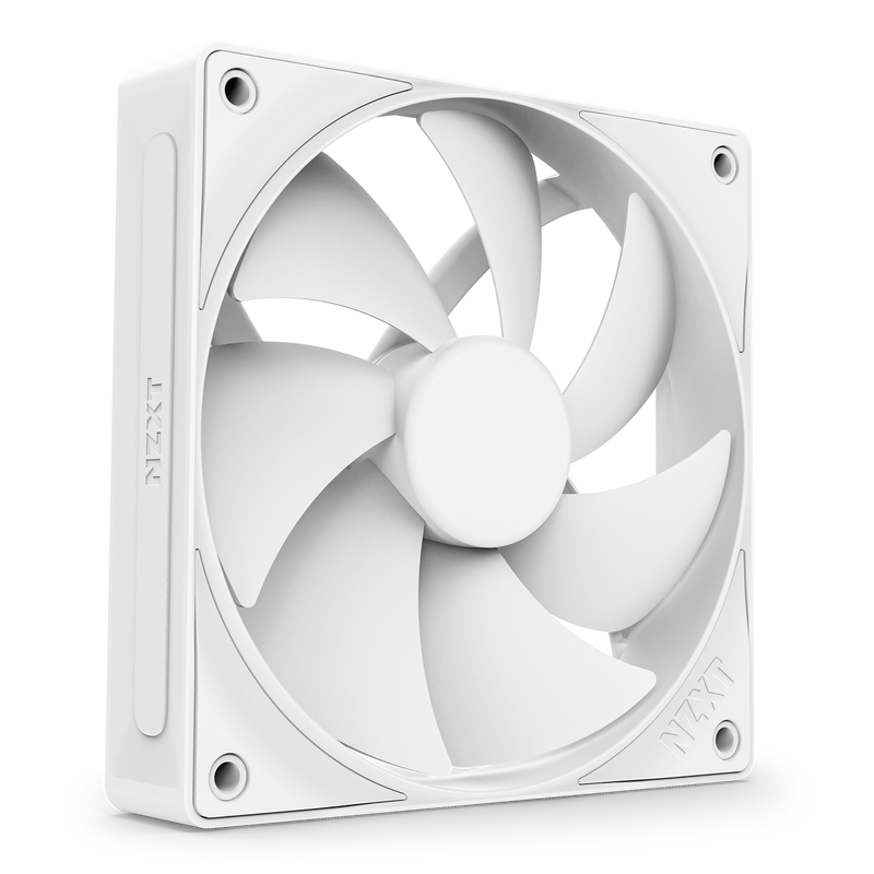 The NZXT F120P is a white computer cooling fan featuring seven optimized blades and a square frame. Seen at an angle, it displays its thickness and has the embossed NZXT logo on the side.