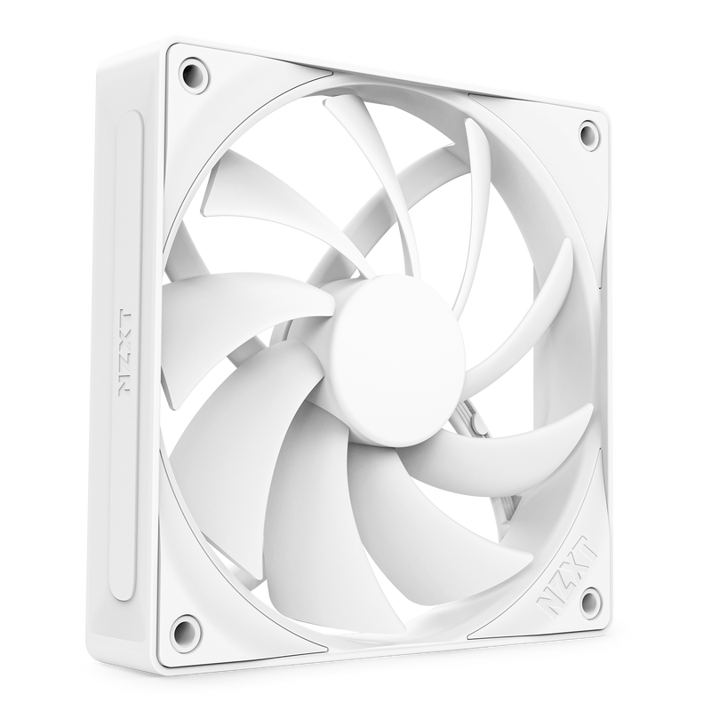 The NZXT F120Q is a white computer cooling fan with seven blades, a square frame, and fluid dynamic bearings for enhanced durability, displayed against a black background.