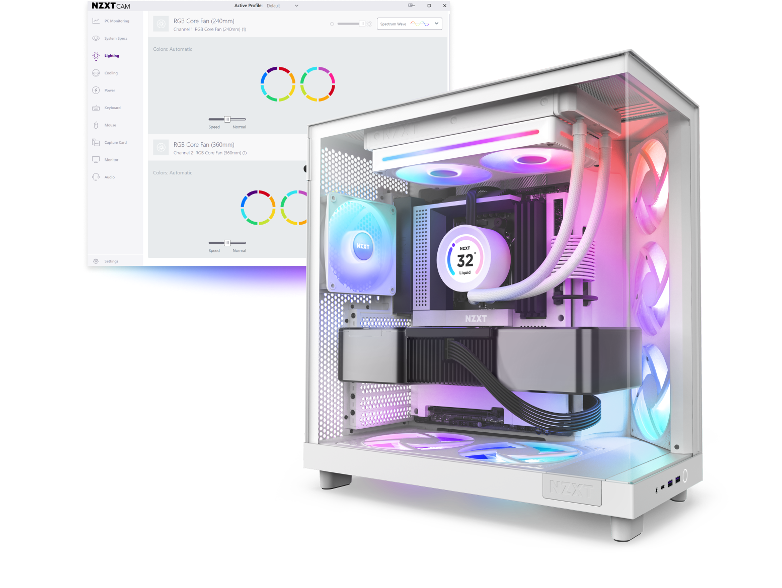 A white gaming PC with RGB lighting inside, featuring fans, a cooling system, and a graphics card, is shown in front of a computer screen displaying software for customizing RGB lighting and color profiles.