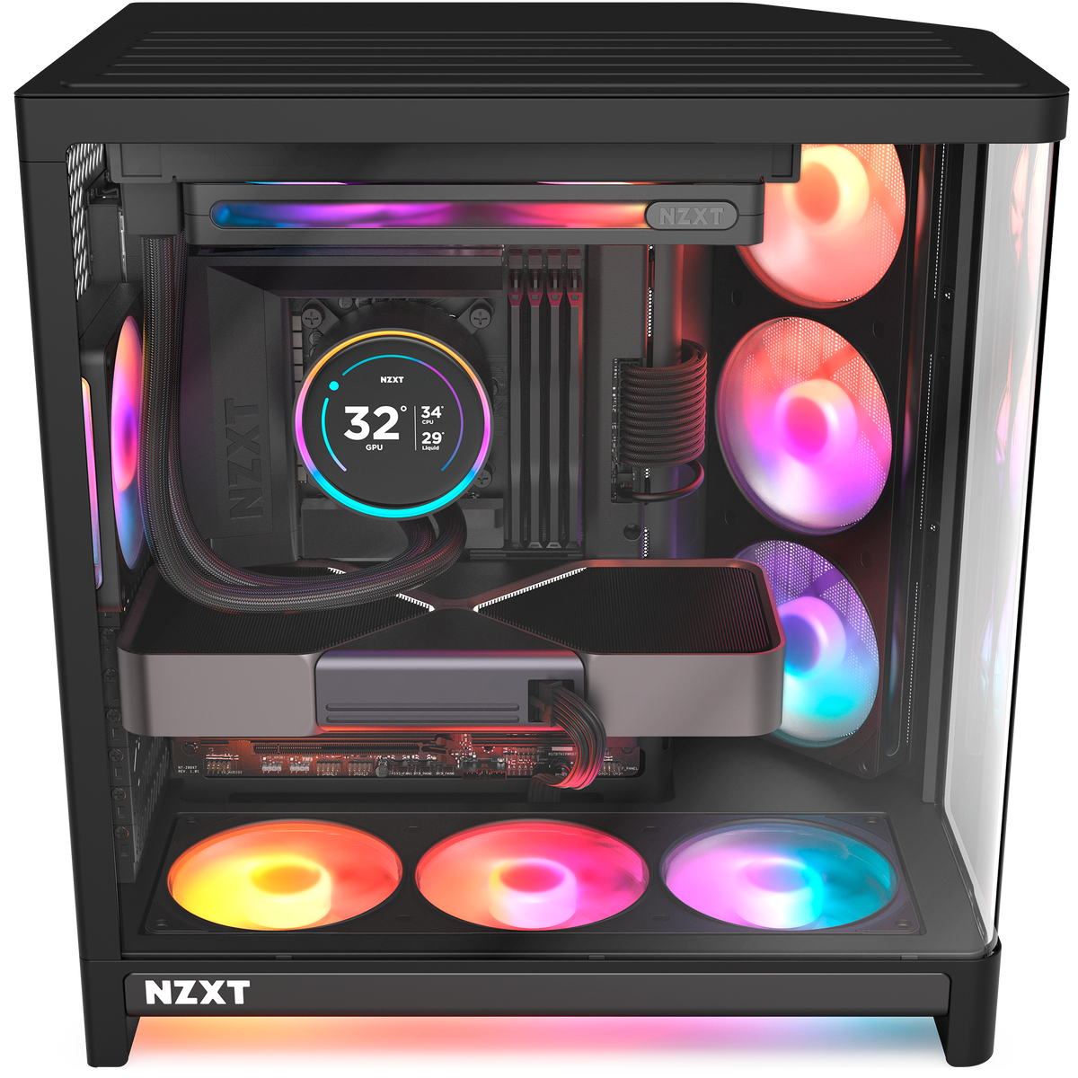 NZXT F360 RGB Reverse black fans installed in a build