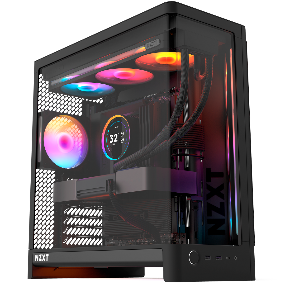NZXT F360 RGB black fans installed in a build