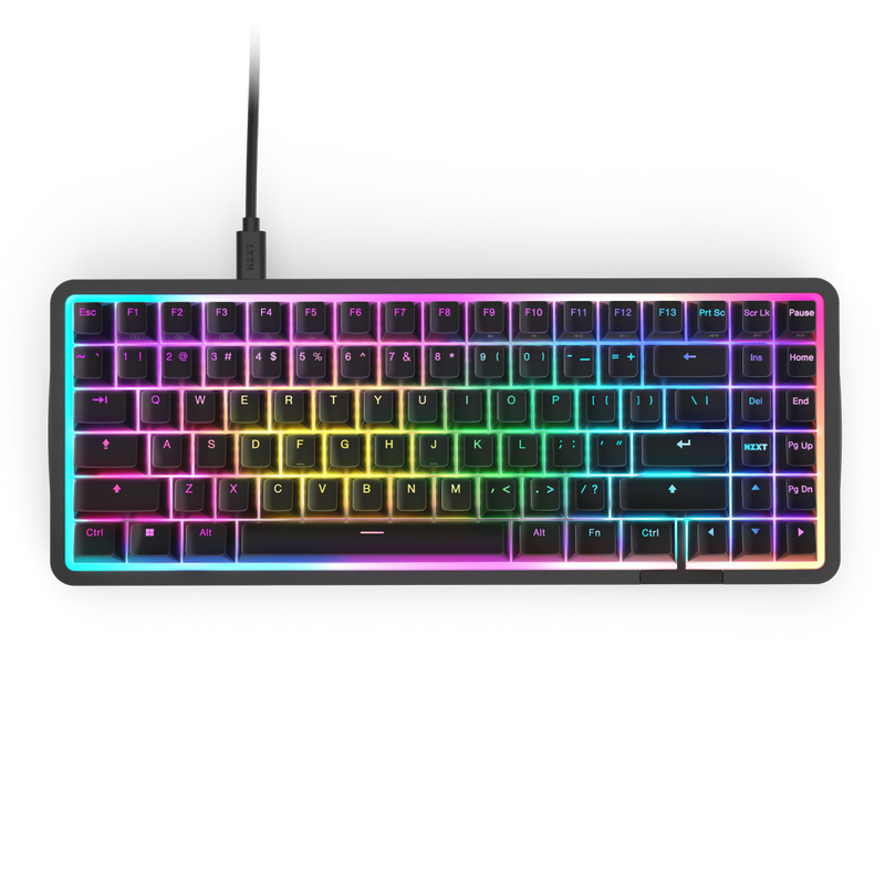 The NZXT Function Elite MiniTKL Keyboard is a compact, wired mechanical keyboard with RGB backlighting in a rainbow gradient, NZXT Magnetic Switches for adjustable actuation, function and arrow keys, black casing, and a top-center USB cable.