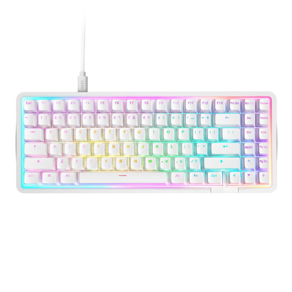 The NZXT Function Elite MiniTKL Keyboard is a white compact mechanical keyboard featuring NZXT Magnetic Switches, vibrant RGB backlighting under the keys and edges, and a matching white cable—perfect for elevated gameplay.