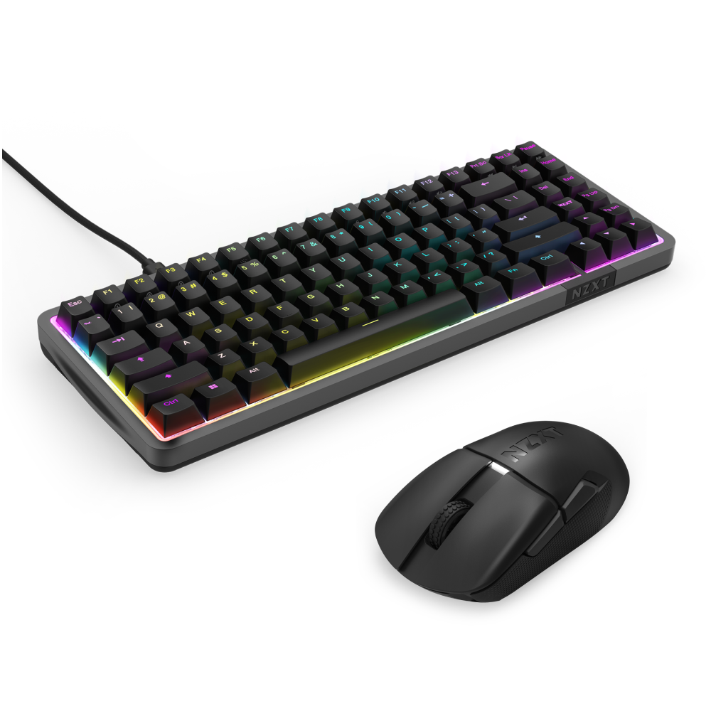 The NZXT Function Elite MiniTKL RGB mechanical keyboard with Magnetic Switches and Adjustable Actuation, plus the Lift Elite Wireless mouse in black, both bearing the NZXT logo, are displayed on a plain black background.