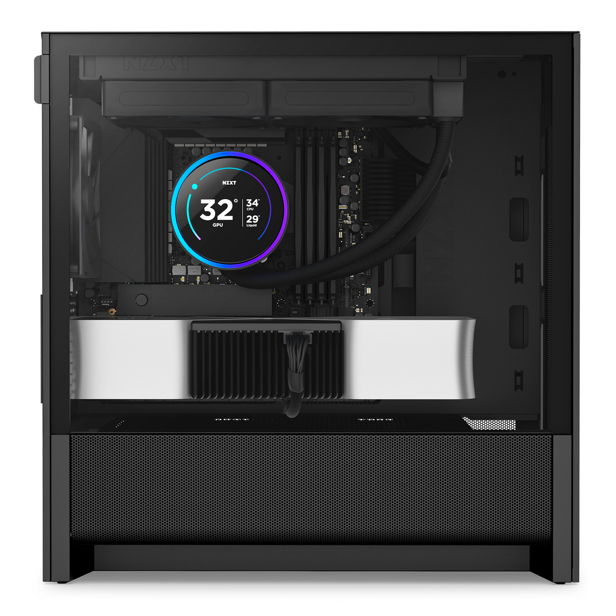 NZXT H3 Flow case in black with a completed PC build, side view