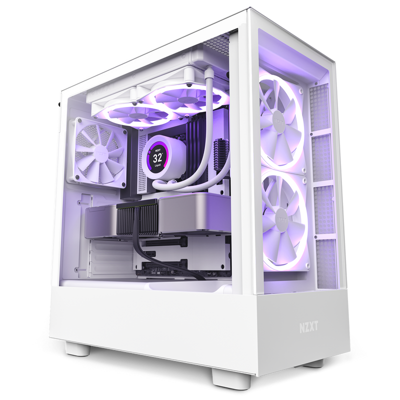 The NZXT H5 Elite (2023) is a white desktop gaming PC case featuring a tempered glass side panel, visible internal components, three front fans, one rear fan, and purple LED lighting to highlight its interior.