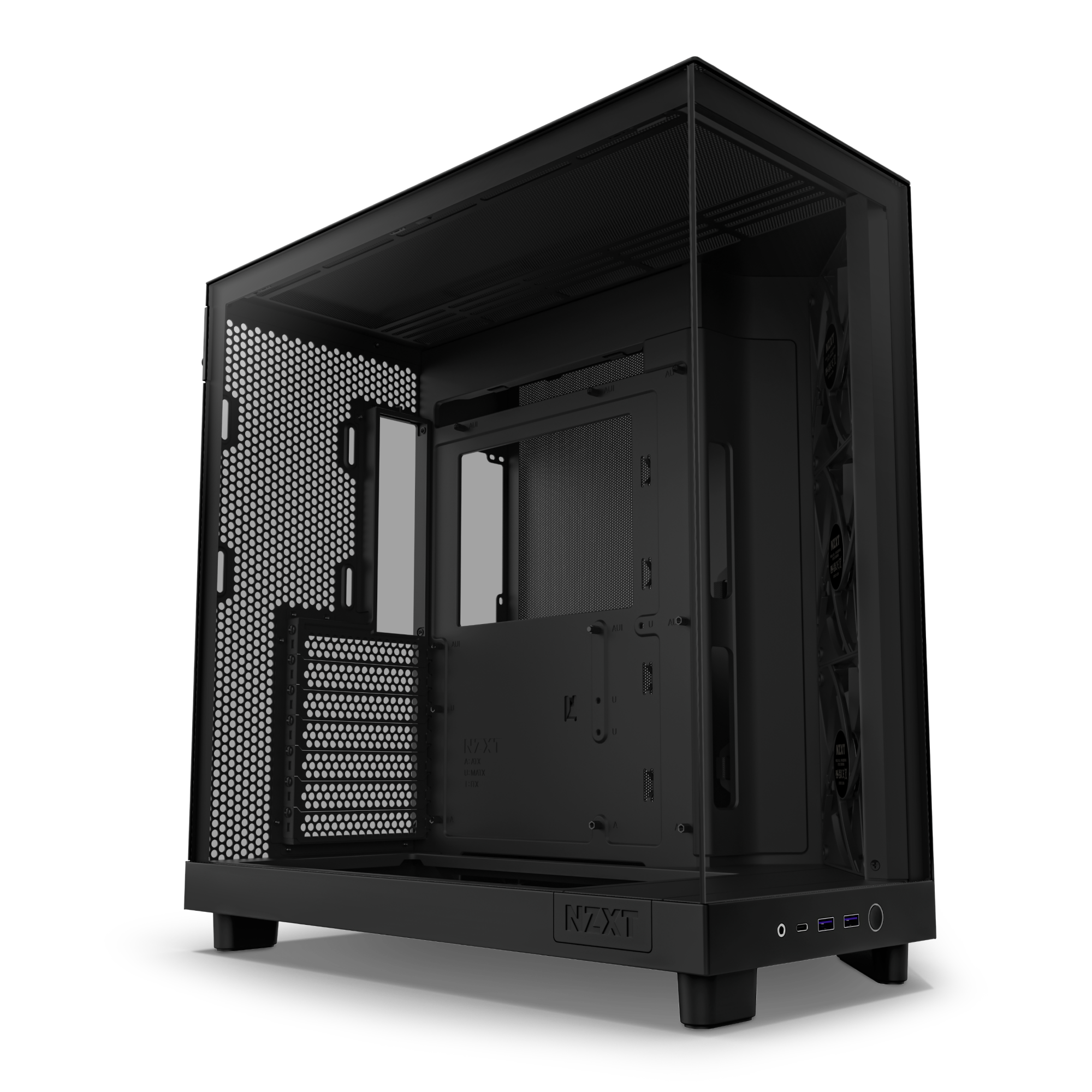 The NZXT H6 Flow is a sleek, black PC case with a panoramic glass side panel, ventilation openings, visible internal mounts, front power and USB ports. Its compact dual-chamber design provides efficient GPU cooling.