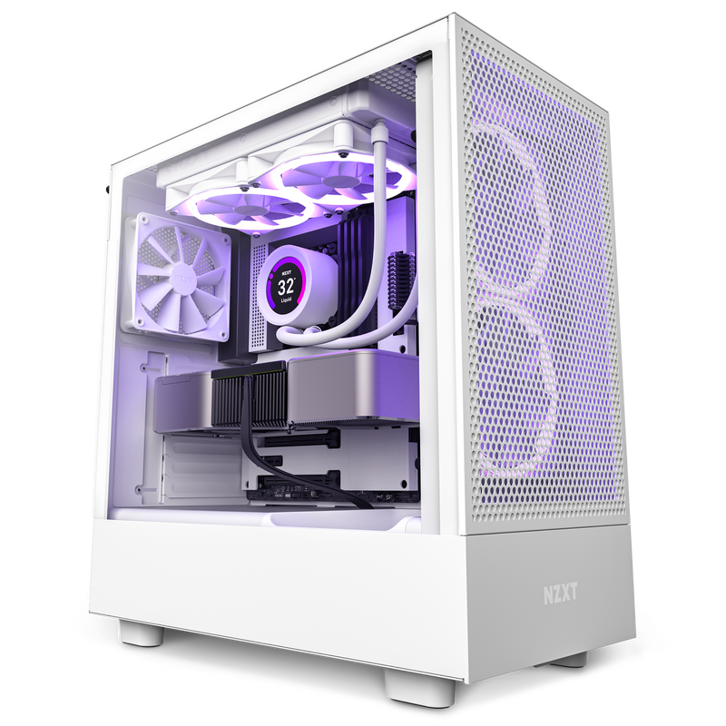 The NZXT H5 Flow (2022) is a white computer case with a transparent side panel, showcasing internal parts like purple LED cooling fans, liquid cooler, and graphics card; mesh panels provide optimized thermal performance.