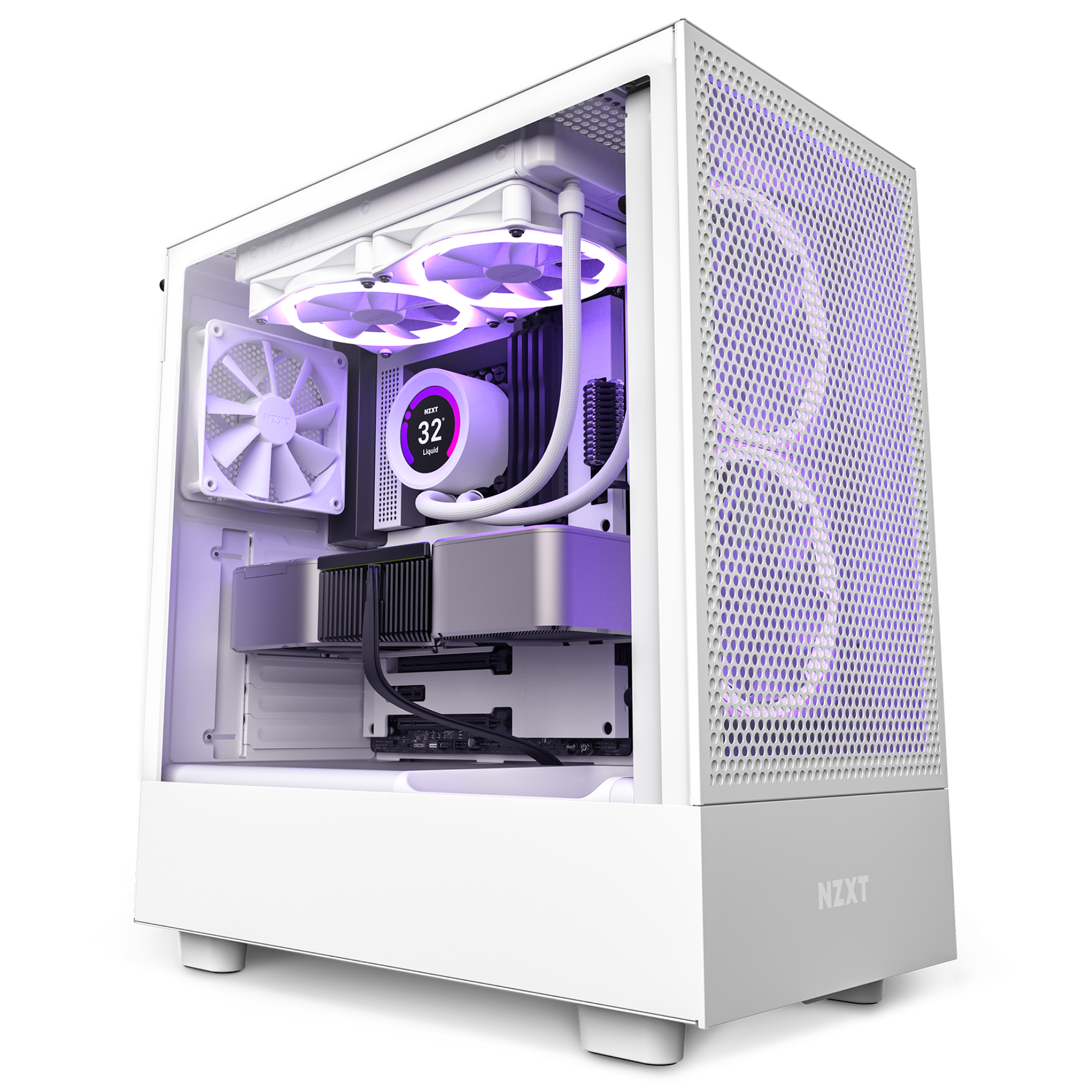 The NZXT H5 Flow (2022) is a white computer case with a transparent side panel, showcasing internal parts like purple LED cooling fans, liquid cooler, and graphics card; mesh panels provide optimized thermal performance.