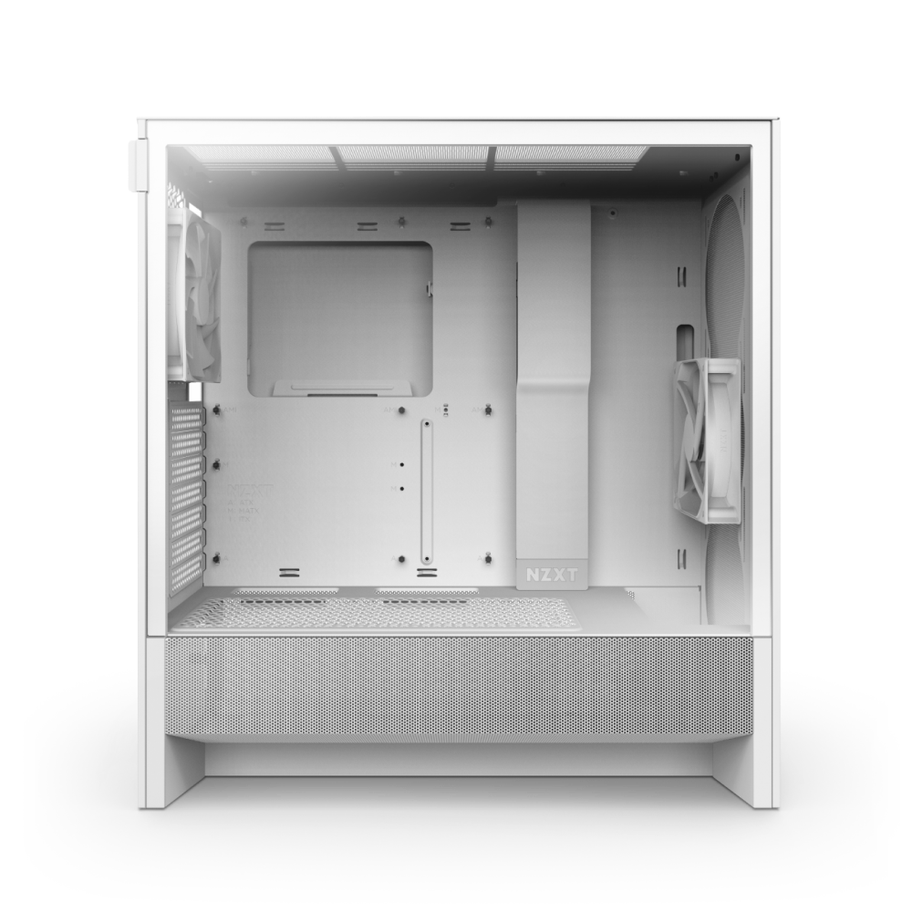 A white NZXT H5 Flow mid-tower case is shown empty from the side with the panel removed, highlighting fan mounts for airflow, cable management openings, and a power supply shroud at the bottom.