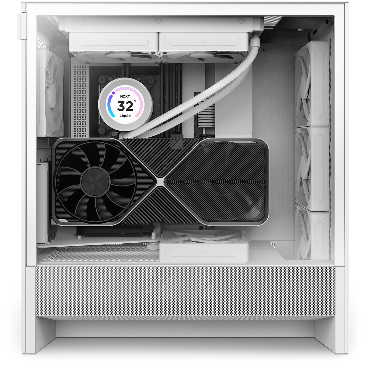 NZXT H5 Flow white shown from the side in a completed build behind tempered glass. Components other than the case are sold separately.