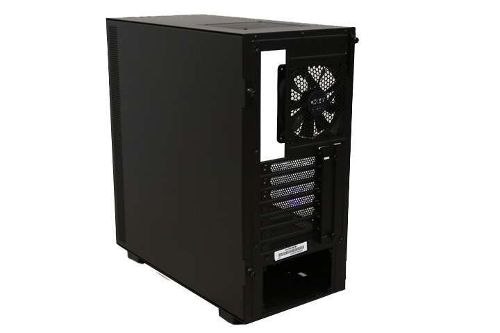 A black NZXT H500 Right Side Panel by NZXT is shown from the back, displaying ventilation grilles, expansion slots, a rear exhaust fan, cutouts for ports and power supply.