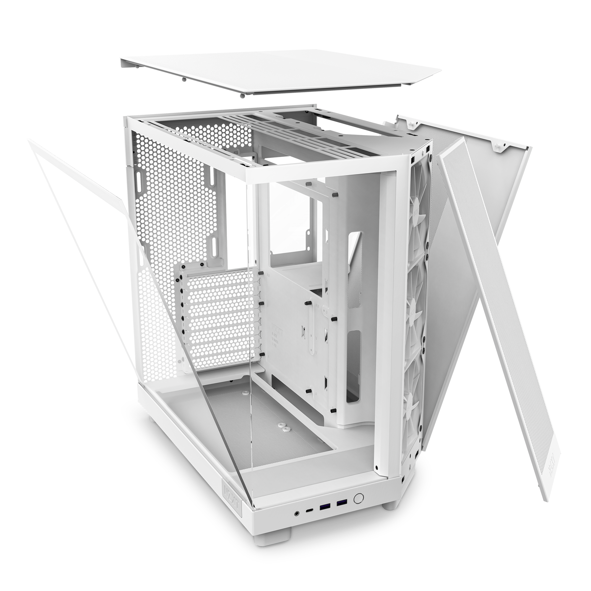 The NZXT H6 Flow, a white compact dual-chamber case, is displayed with its side, front, and top panels removed and floating nearby to reveal the internal frame, fan mounts, GPU cooling features, and ventilation areas.