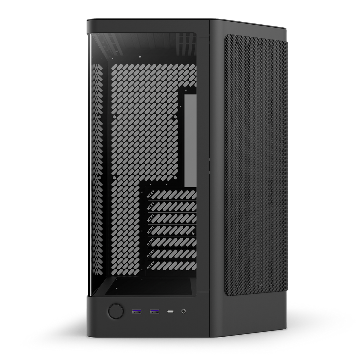NZXT H6 black, front view showing the curved glass corner and front I/O