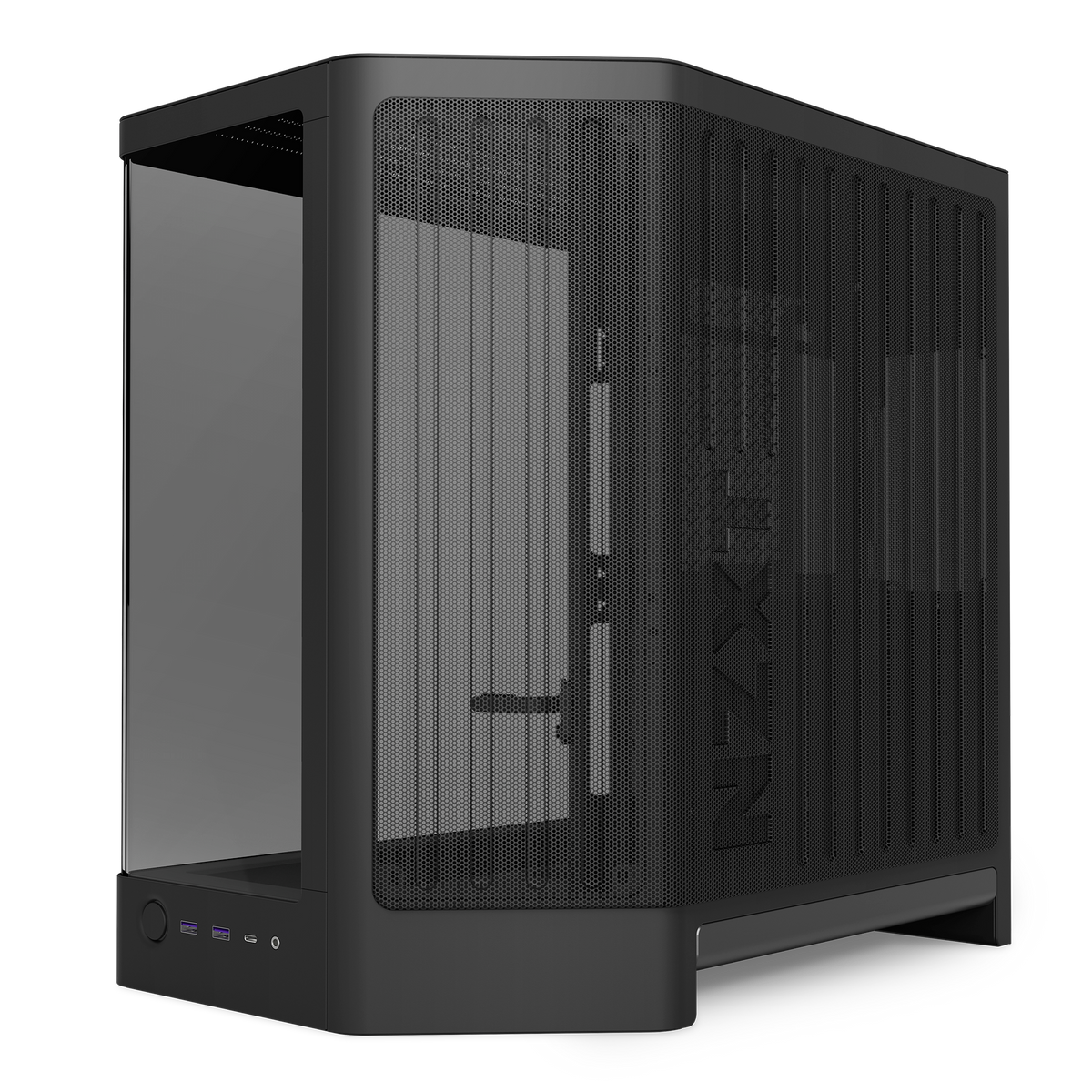 NZXT H6 black, three-quarter view of the right side and its mesh panel