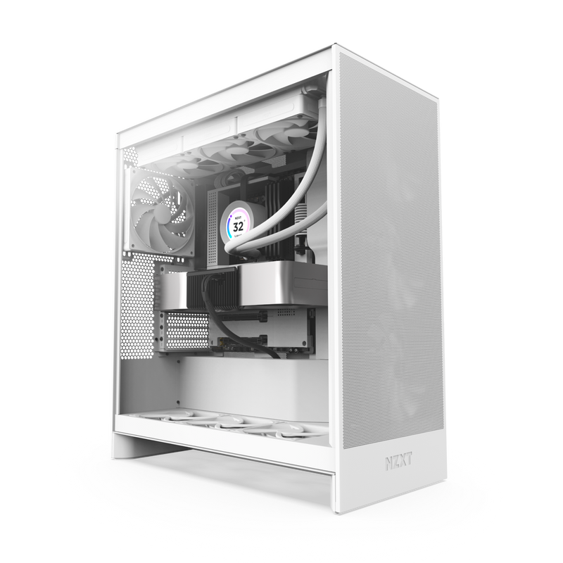 The NZXT H7 Flow is a white mid-tower PC case with a transparent side panel, showcasing neatly organized internal components such as GPU cooling, a graphics card, and fans.