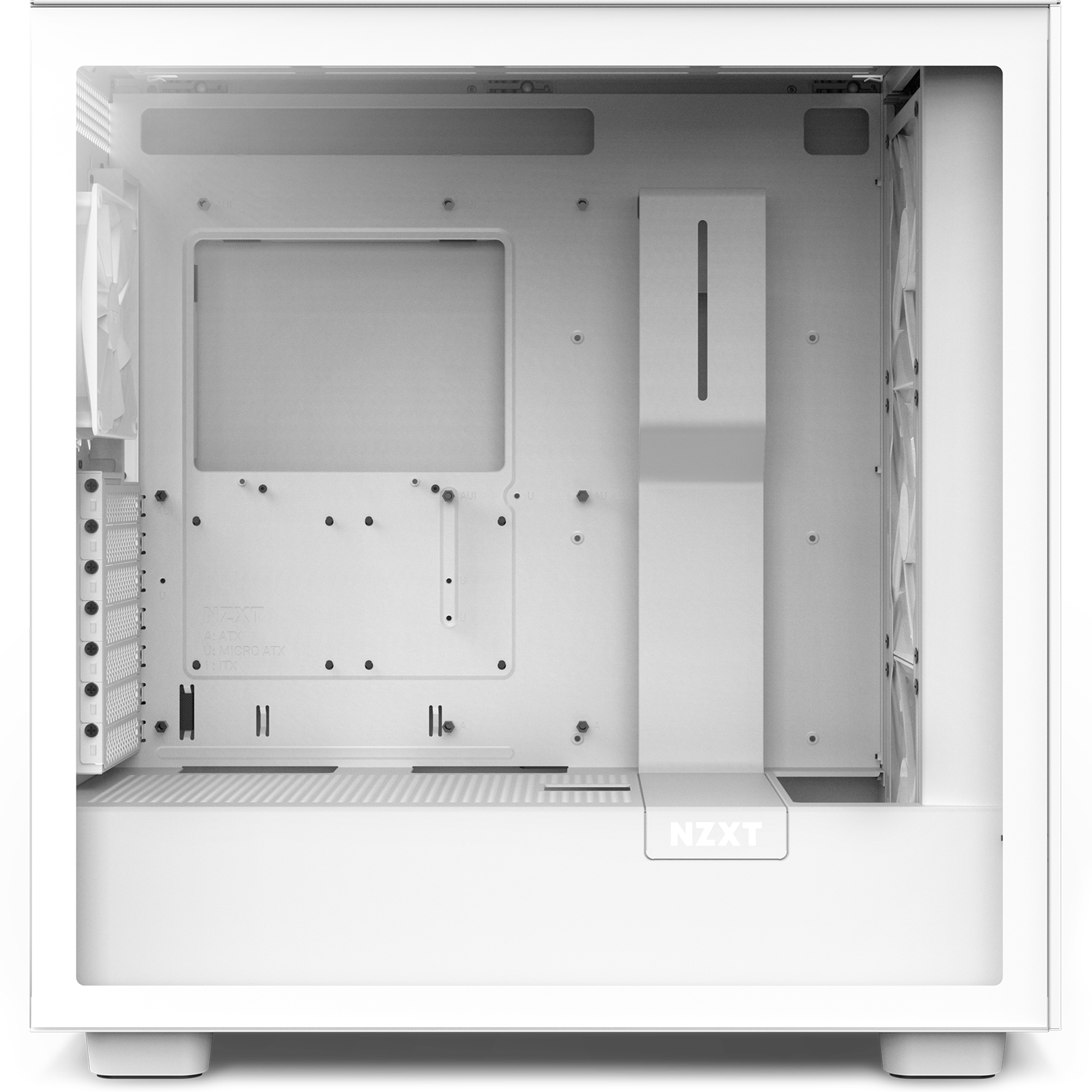 The Refurbished Custom Build - #8628 by NZXT is a white computer case featuring a transparent side panel, empty interior with mounting slots, and cable management—ideal for showcasing your gaming PC setup.