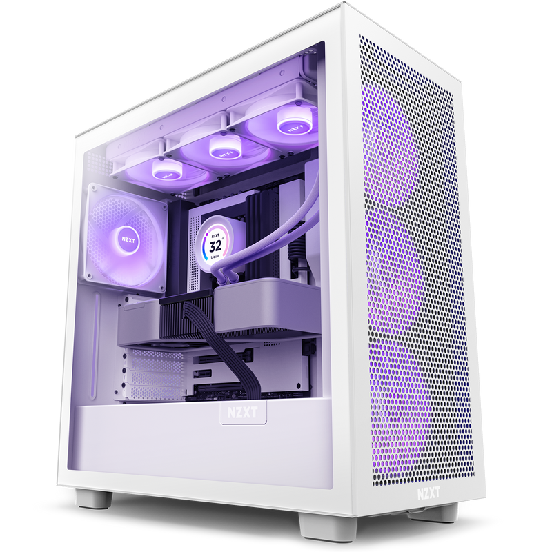 The NZXT H7 Flow RGB (2023) gaming PC case in white comes with a clear side panel, revealing RGB Core fans and liquid cooling with purple lighting for excellent cooling and a modern, stylish look.