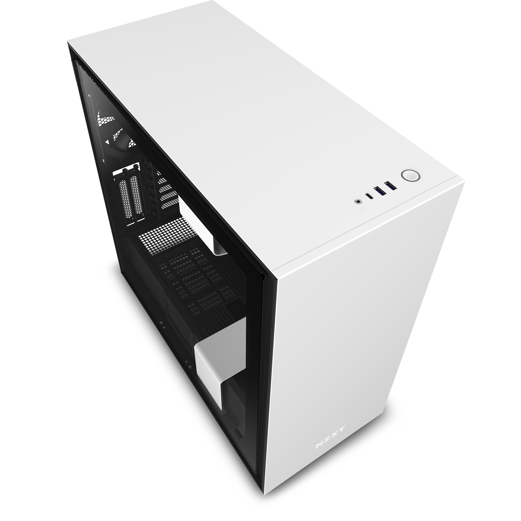 Angled view of the NZXT H710 Series Top Panel (White) by NZXT, highlighting its sleek design, visible front ports, and power button—an excellent choice for those seeking a stylish, compatible top panel upgrade.