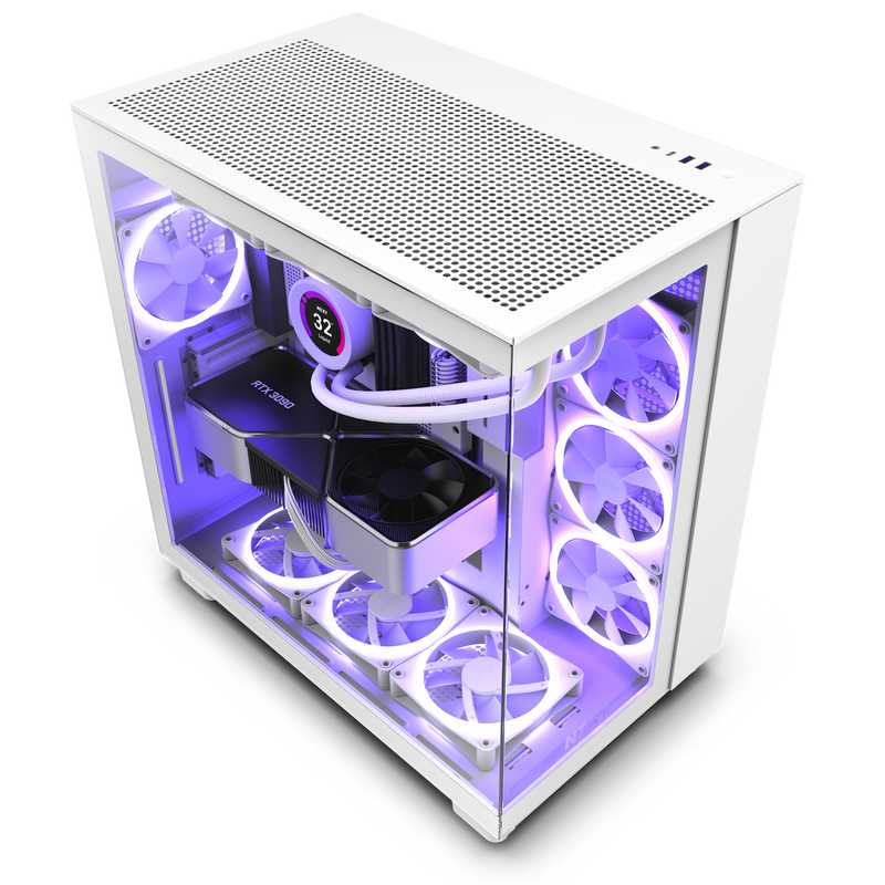 The NZXT H9 Flow (2023) is a white gaming PC featuring a glass side panel, RGB cooling fans, strong GPU cooling, a visible graphics card, and a CPU cooler showing temperature—all highlighted with purple and blue lighting.