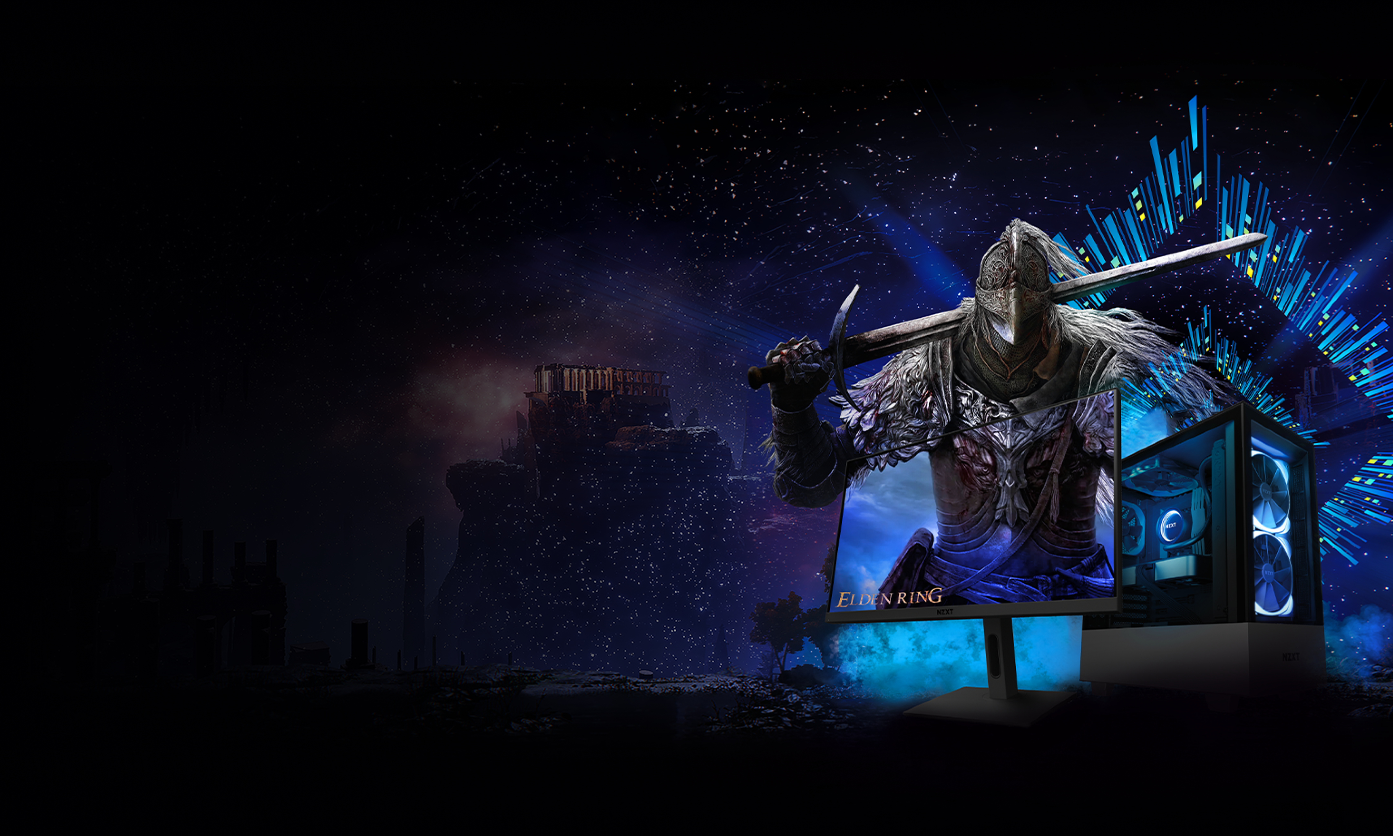 A fantasy knight with sword and armor emerges from a computer monitor displaying the game Elden Ring, with a glowing PC tower and digital blue bursts in the background. A dark landscape and ancient ruins are visible on the left.