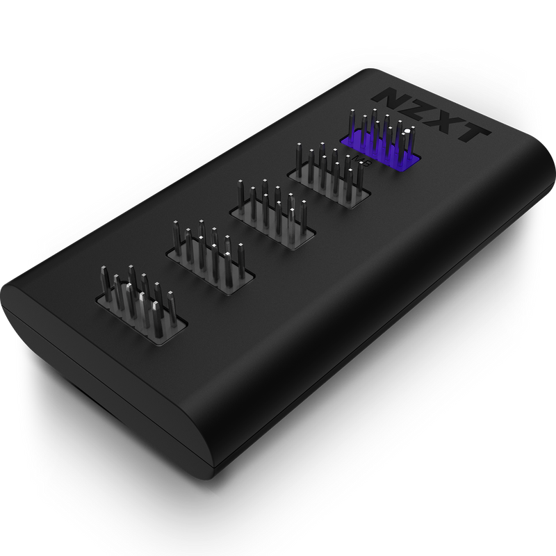 The NZXT Internal USB Hub is a black device featuring multiple rows of metal pins, with one set highlighted in purple. This computer component offers 4 USB 2.0 ports to expand your system’s connectivity.