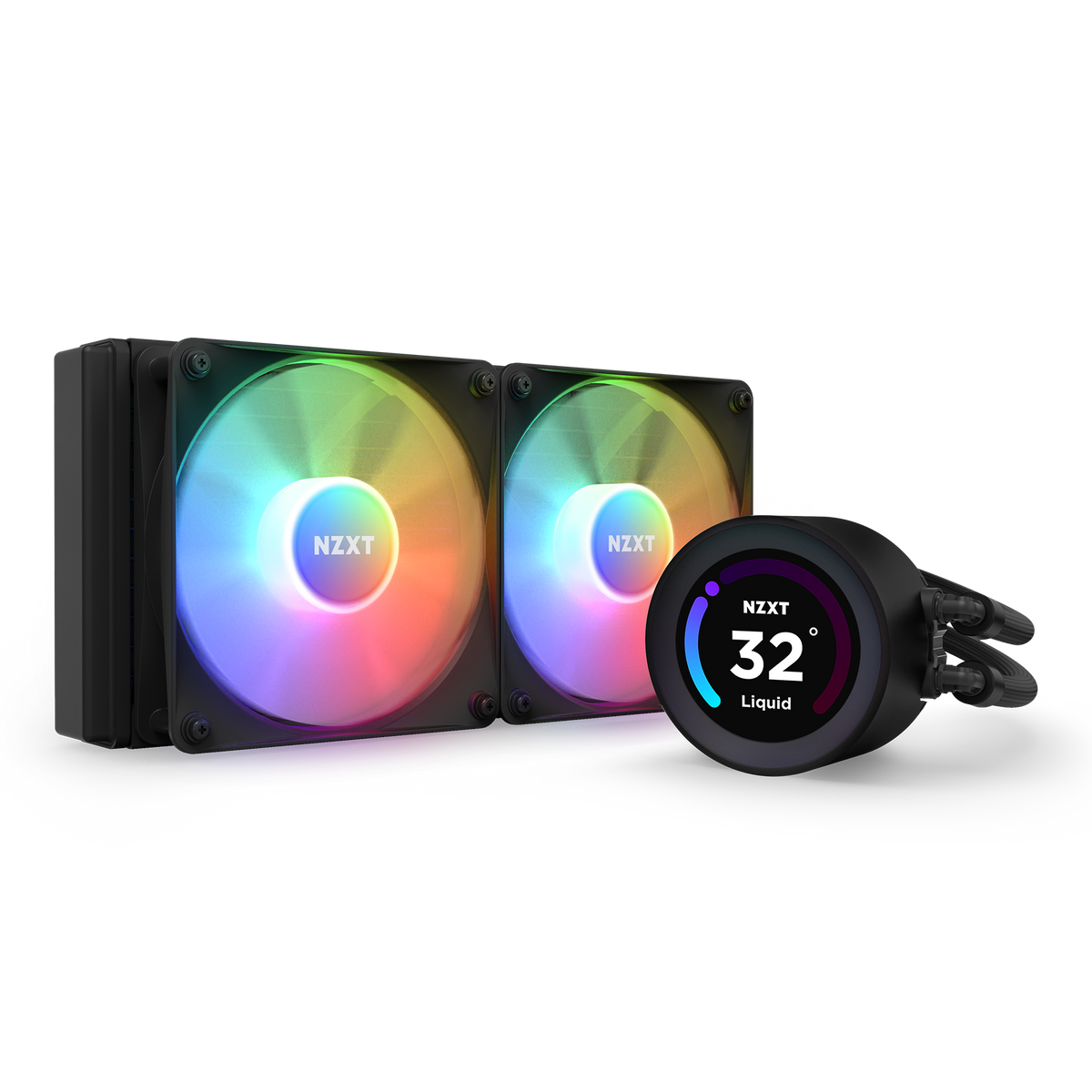 NZXT Kraken Elite 240 RGB black, angled view with RGB fans lit