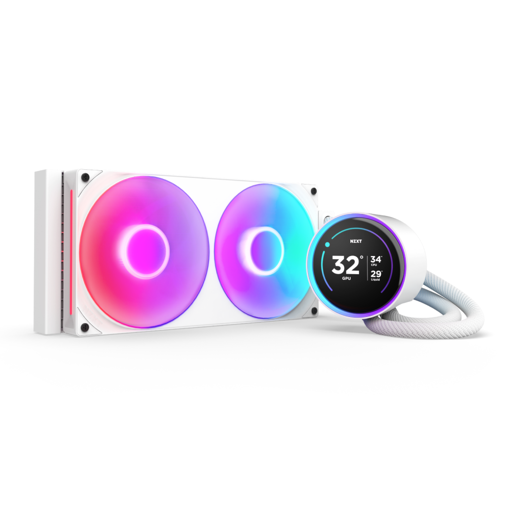The NZXT Kraken Elite 280 RGB is a white liquid CPU cooler with Turbine pump tech, dual RGB fans with vibrant rings, a round digital display for temps and fan speed, and sleek white tubing.