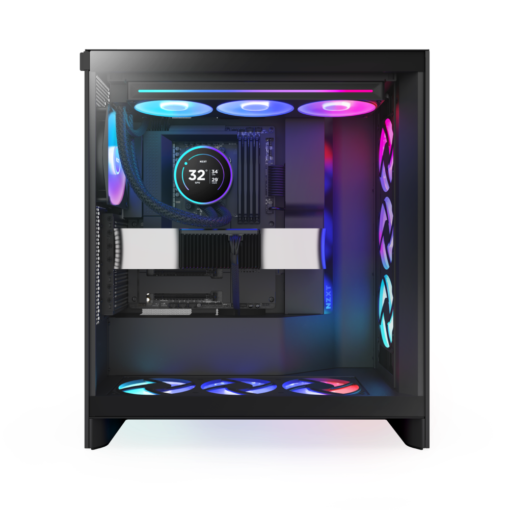 A sleek NZXT desktop gaming PC with RGB lighting features the Kraken Elite 360 RGB cooler, illuminated top, side, and bottom fans, a digital display reading 32°C, and a tidy black interior with white accents.