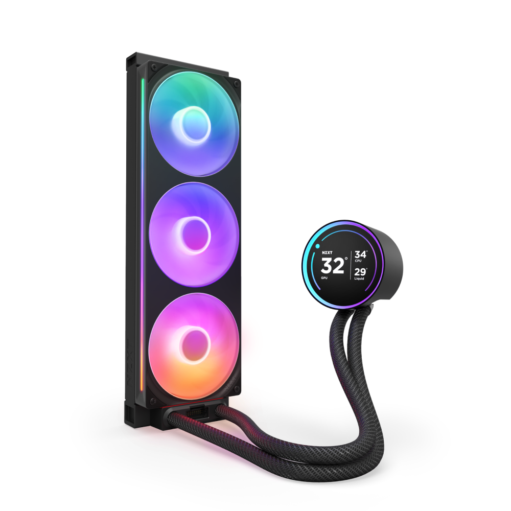 The NZXT Kraken Elite 360 RGB is a liquid CPU cooler featuring three RGB fans, a circular digital display for temperature and fan speed, and an NZXT Turbine pump connected by braided tubes.