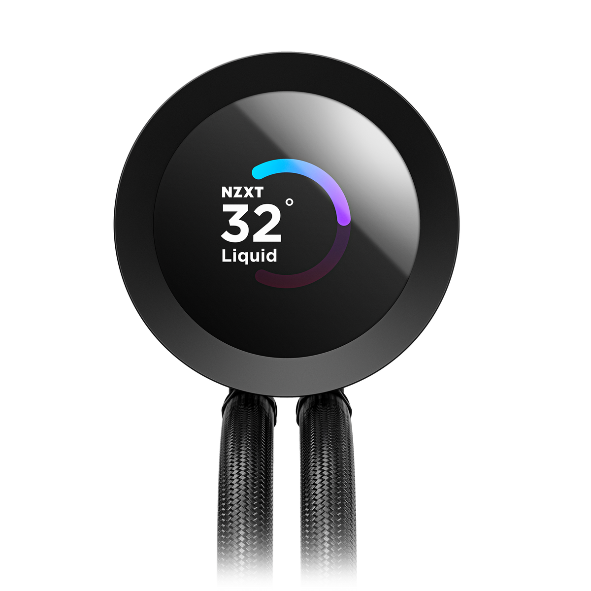NZXT Kraken Plus 240 black, front view of the pump cap and its round LCD display