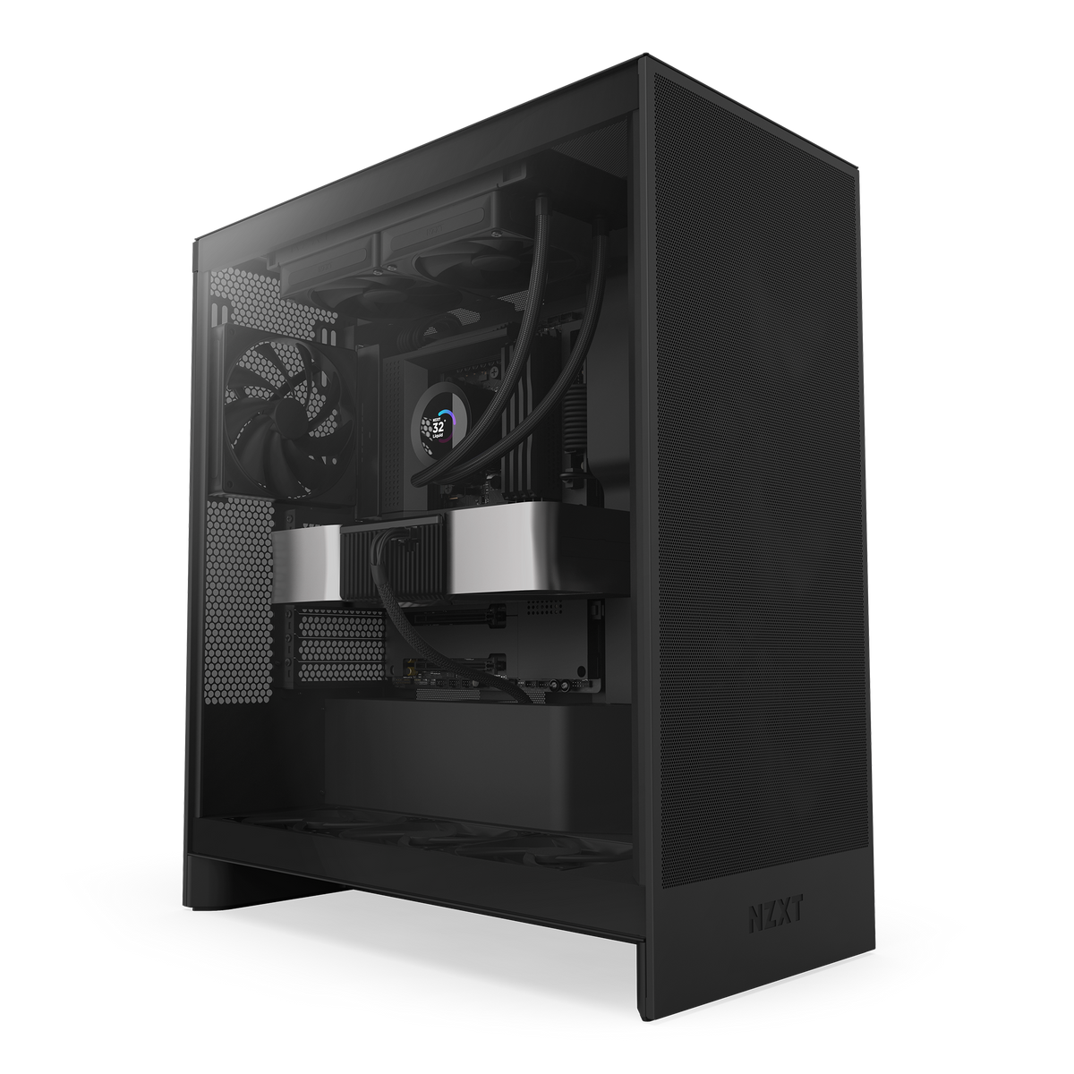 NZXT Kraken Plus 240 black shown in a completed build behind tempered glass. Components other than the cooler are sold separately.