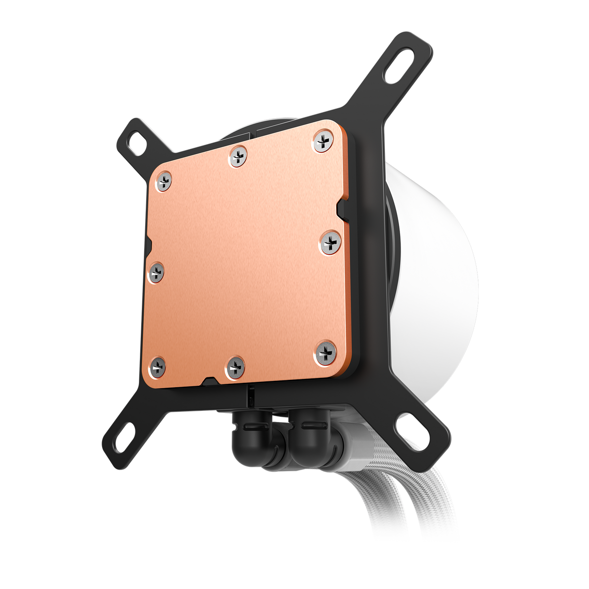NZXT Kraken Plus 360 RGB white, underside of the pump showing the copper cold plate