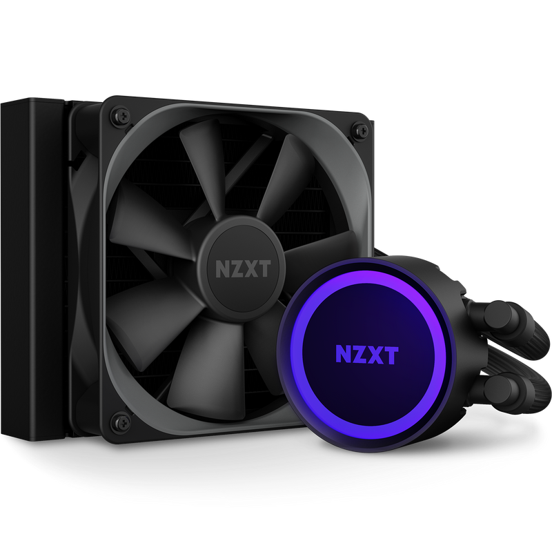 The NZXT Kraken 120 is a black AIO cooling system with a large fan, a circular pump featuring purple RGB lighting, and black tubes, all designed for efficient computer cooling.
