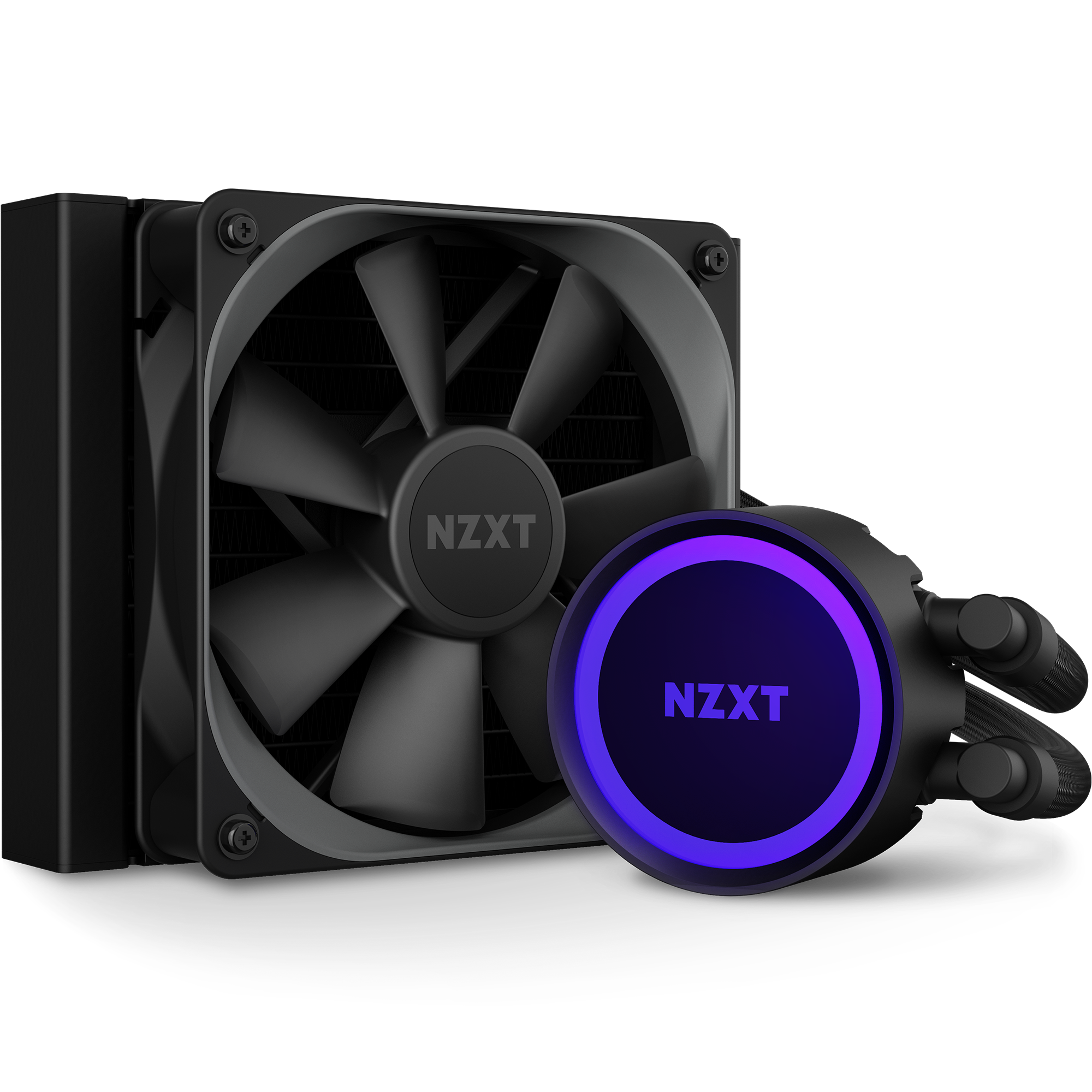 The NZXT Kraken 120 is a black AIO cooling system with a large fan, a circular pump featuring purple RGB lighting, and black tubes, all designed for efficient computer cooling.