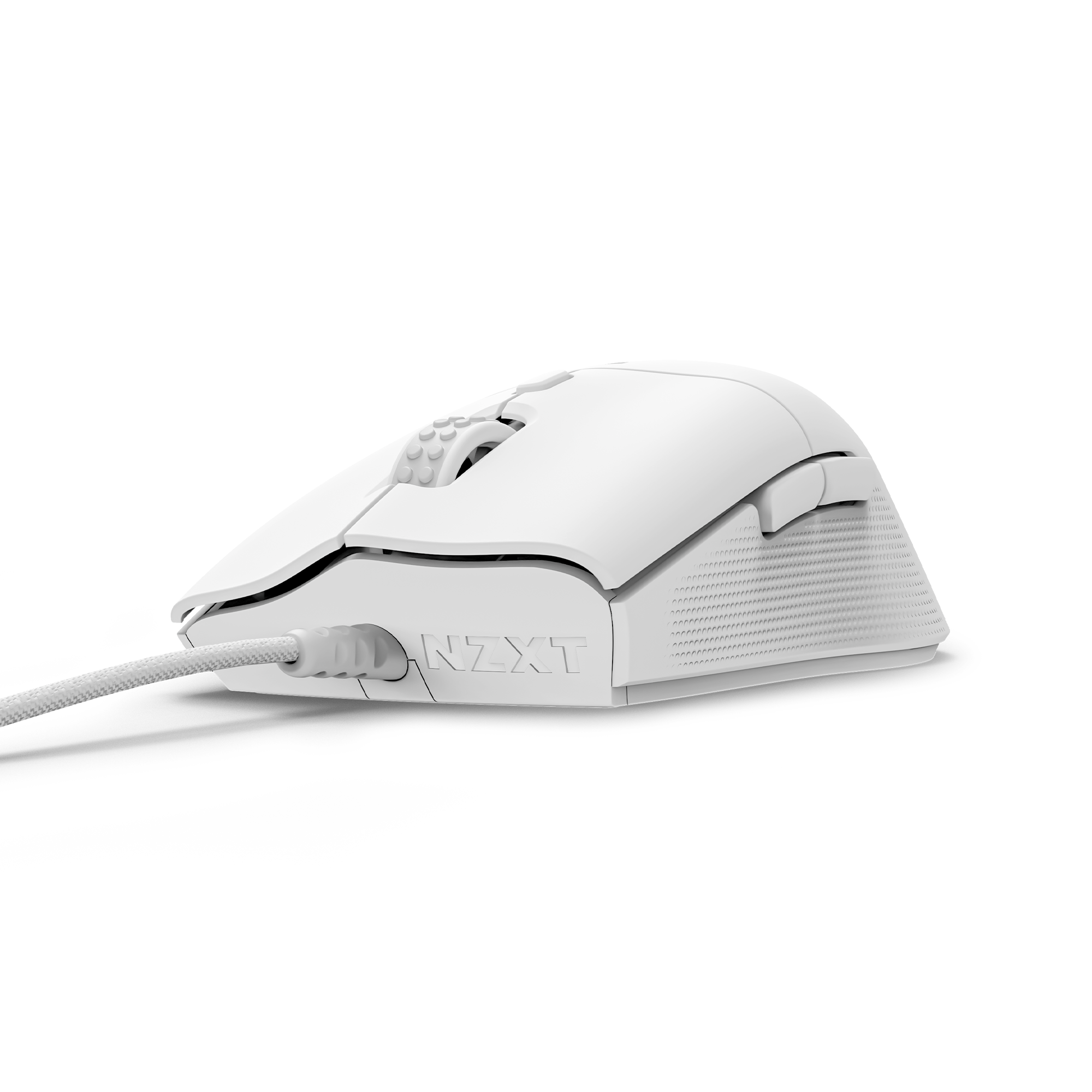 The NZXT Function 2 + Lift 2 Ergo+ MMP400 is a white, wired gaming mouse with textured side grip, scroll wheel, and side buttons using NZXT Swift Optical Switches and the NZXT logo. Shown on a black background.