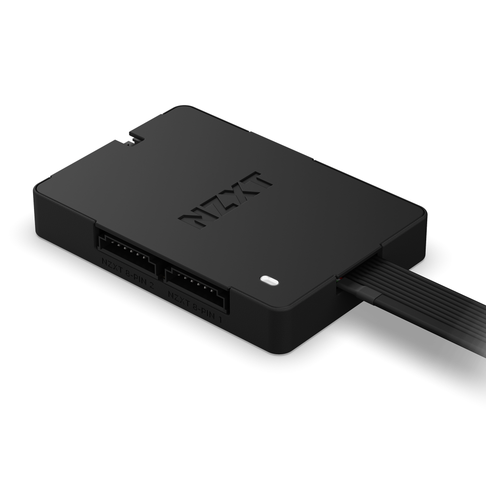 The NZXT Control Hub is a black rectangular device with labeled ports and a flat cable, featuring a small white indicator light in the corner for easy RGB lighting management.