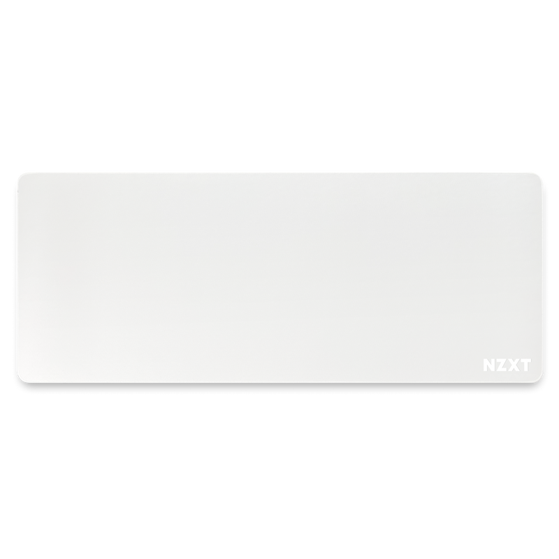 The NZXT MXP700 is a large, rectangular white mousepad with rounded corners and the NZXT logo in the bottom right. It features a stain-resistant coating for easy cleaning.