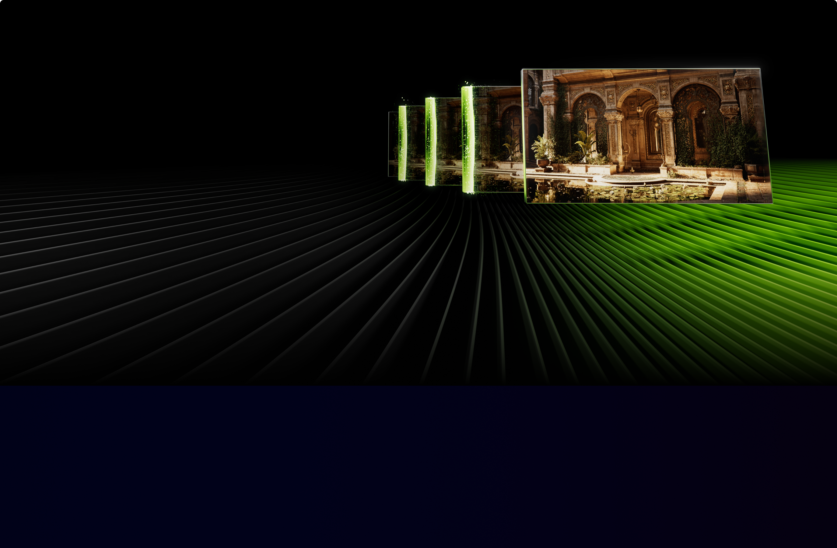 A row of glowing, transparent screens displaying an ornate building with arches and greenery, set against a dark background with green and black diagonal lines.