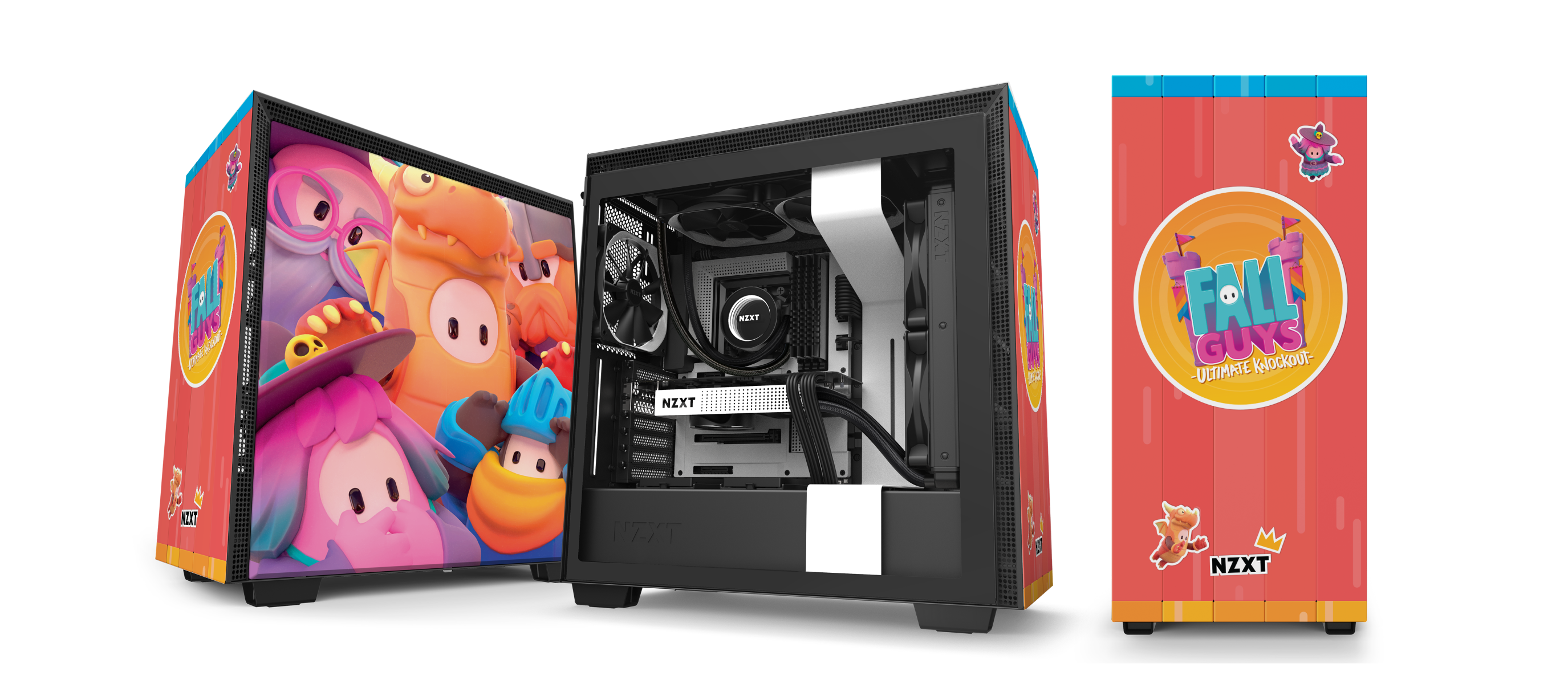 A custom gaming PC case with colorful Fall Guys characters on one side, the Fall Guys: Ultimate Knockout logo on the front, and an open view showing the internal components.