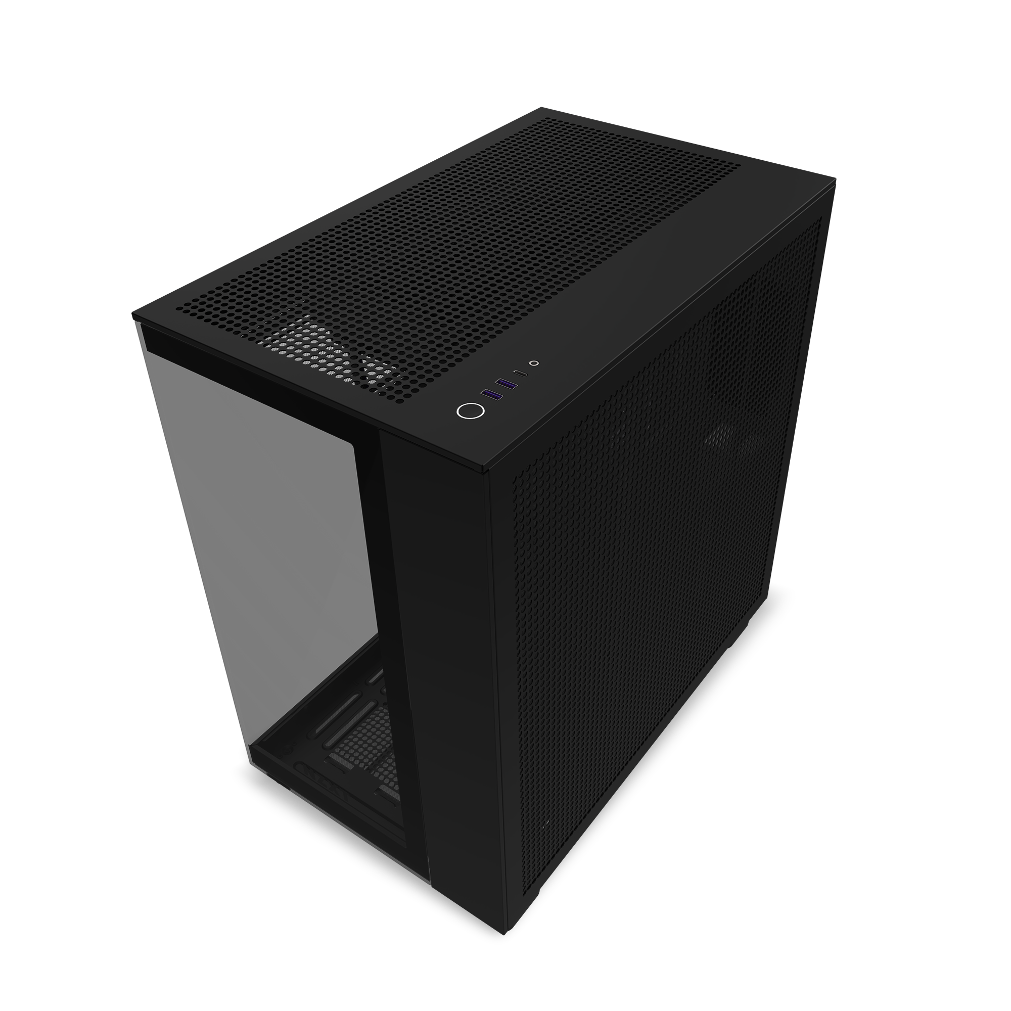 A black, rectangular NZXT Player Three case with mesh top and side panels, angled from above, features front I/O ports with USB and power button—ideal for gaming setups or NVIDIA GeForce RTX 50 Series builds.