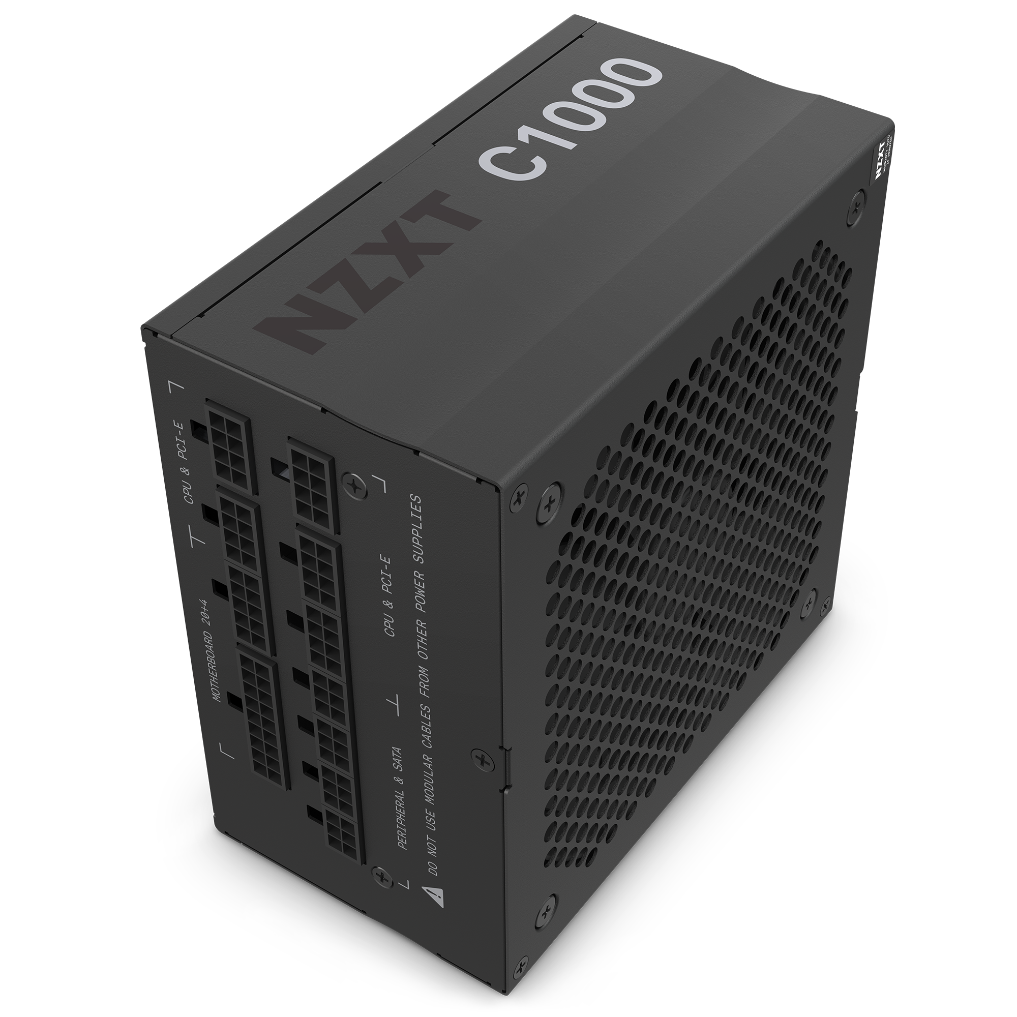 The NZXT C1000 Gold (2022) power supply features labeled modular ports and a ventilated side panel, shown angled on a transparent background—providing reliable 1000W power for gaming PCs or NVIDIA RTX 3090 builds.