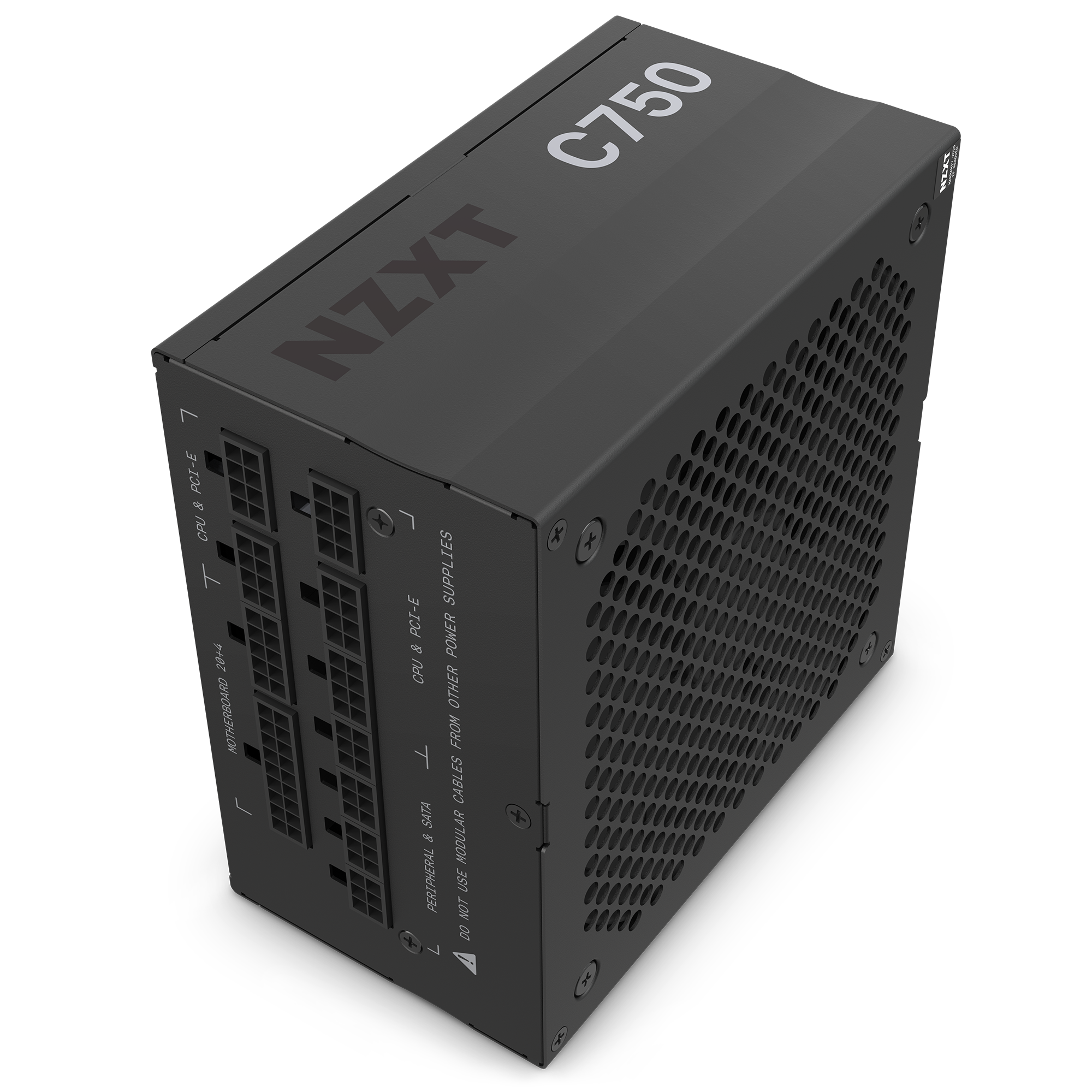 The NZXT C750 Gold is a black, modular computer power supply with ventilation holes on one side, the C750 label on top, delivers 750W of power, and supports Zero RPM Fan mode for silent operation.