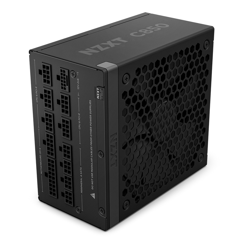 A black NZXT C850 Gold ATX 3.1 power supply unit from the C Series, with a fully modular design and honeycomb vent, is shown upright on a white background.