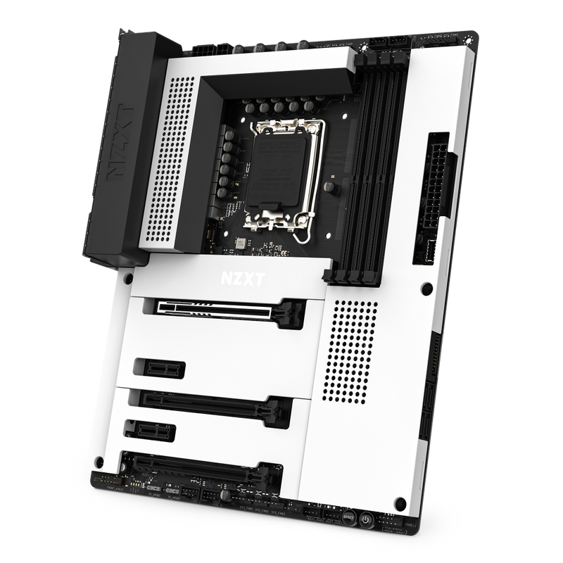 The NZXT N7 Z790 motherboard in black and white is shown at an angle, highlighting its PCIe and RAM slots, large heatsink, NZXT logo on the cover, and compatibility with NZXT CAM for easy customization.