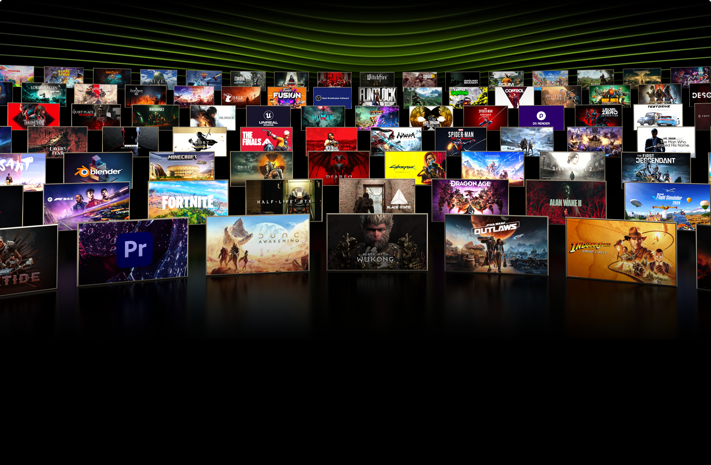 A large collage of video game and software cover art is displayed, featuring popular titles and applications arranged in rows against a black background with green lines overhead.